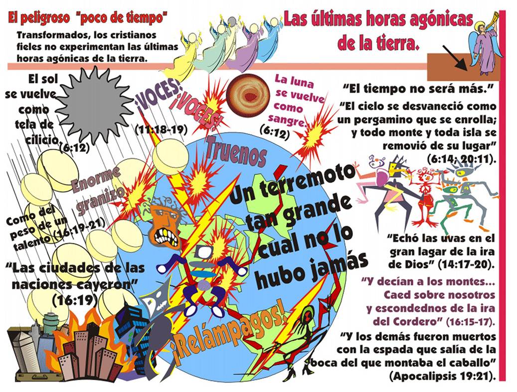 Una imagen compuesta de 25 gráficas y textos concisos relevantes incluye el globo terráqueo, una ciudad en llamas, bolas de granizo, figuras y caras en caricatura de seres humanos espantados sobremanera.